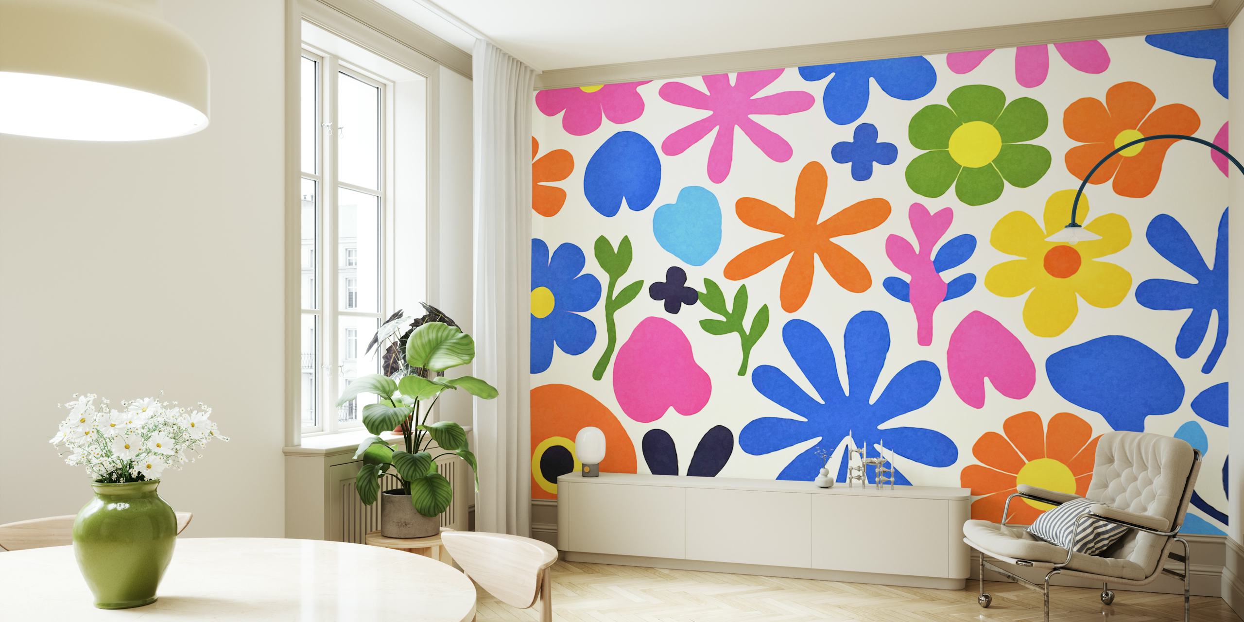 Colorful Retro Groovy Matisse Flowers wallpaper in a room